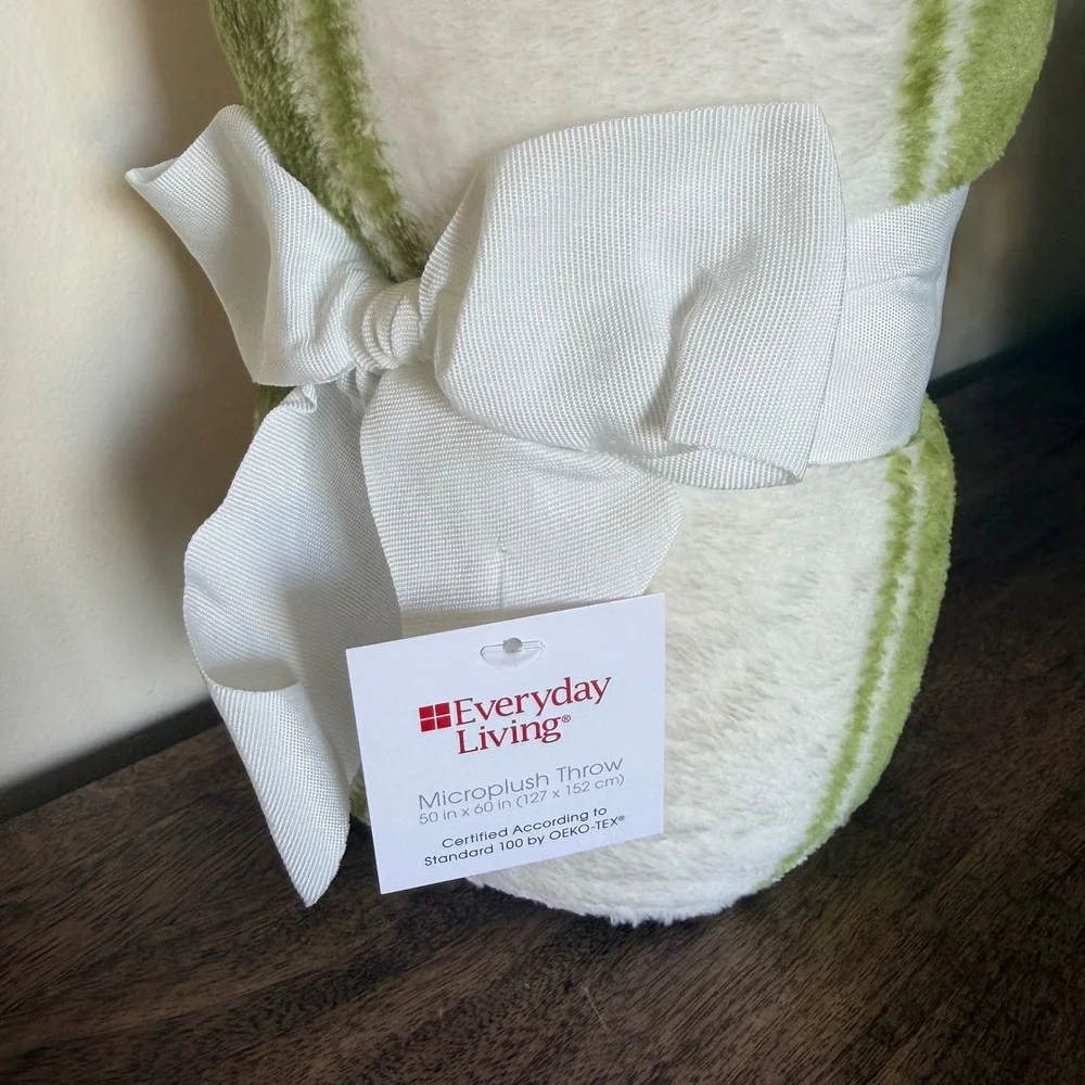 Ivory Green Striped Microplush Throw Blanket 50x60 Cottagcore Everyday Living
